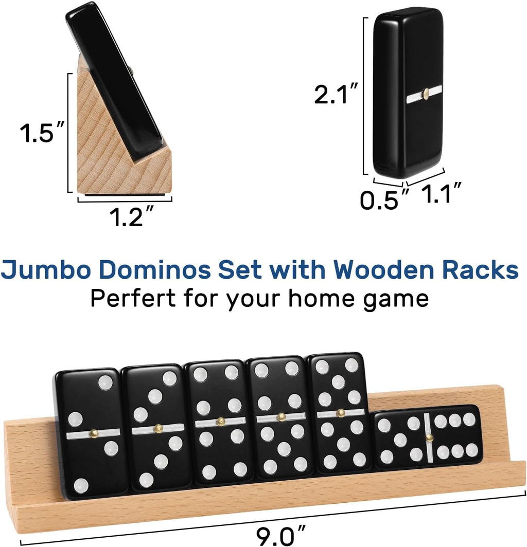 Dominoes Set for Adults with 4 Wooden Racks/Trays, Double Six Dominoes Travel Set with Portable Case Double 6 Dominoes Set with 4 Tiles Holders, 28 Tiles Dominos Set for Family Board Games - Black