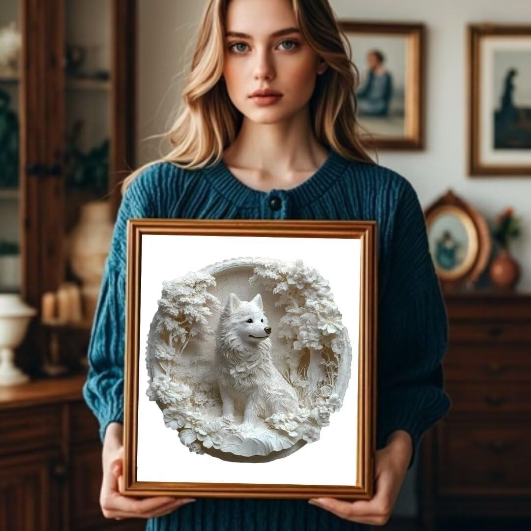 Wooden Puzzles Adults, 3D Samoyed Dog Wooden Puzzles 200 Pieces, Unique Animal Shaped Wood Challenging Jigsaw Puzzles Gifts for Adults, 11.4x11.1in