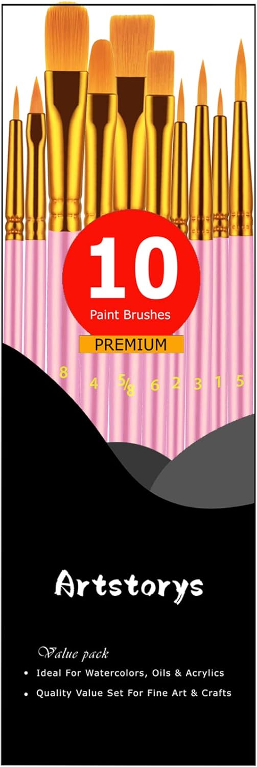 Paint Brush Set, 10 Pcs Paint Brushes for Acrylic Painting, Round Pointed Tip Detail Small Paint Brush for Oil Watercolor Canvas Face Body Boards Rock, Kids Adult Drawing Arts Crafts Supplies, Pink