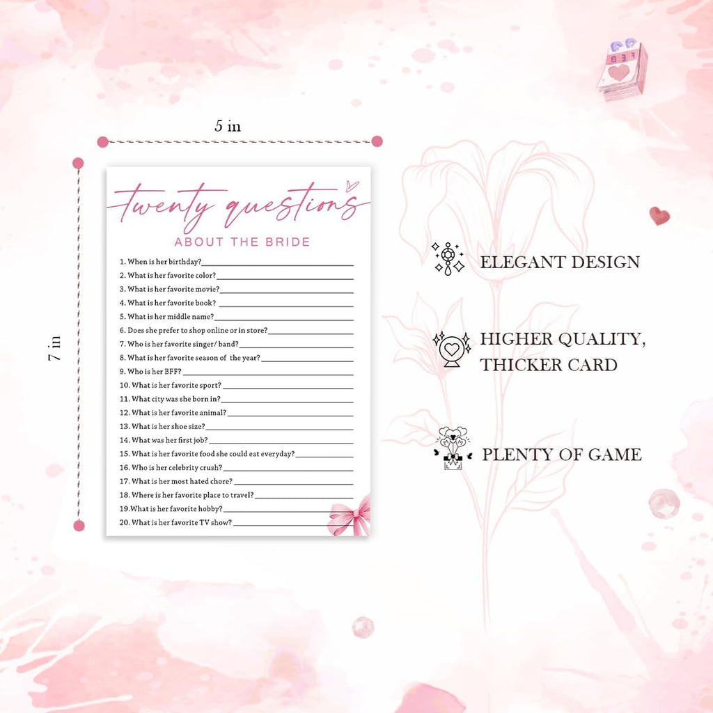 Wedding Shower Games Cards, Twenty Questions About The Bride, Bridal Shower Games 25 Guests, Engagement Party Wedding Games for Guests, Pink Ribbon Bow Wedding Party Supplies - E05