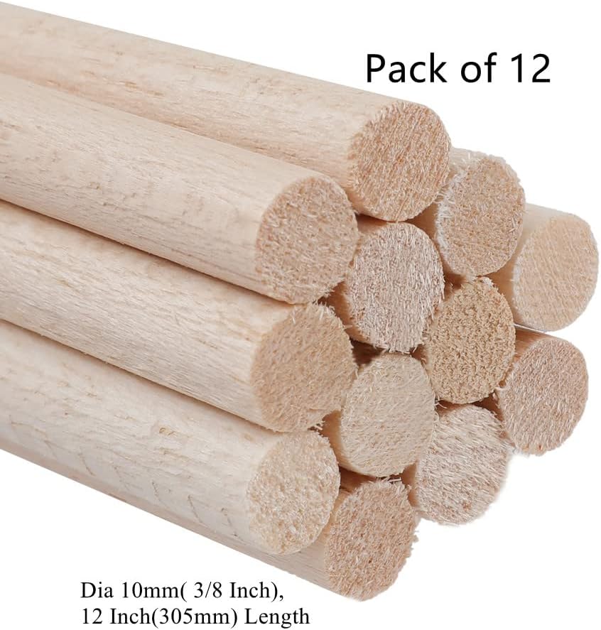 12 Pack Round Wood Dowel Rods 3/8x3/8x12 Inch Balsa Wood Sticks φ3/8 Inch Natural Wood Color Unfinished Wood for Cricut Maker Make Models of House Airplane Ship Boat DIY Wooden Model(10x10x305mm)