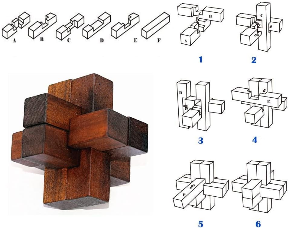 VolksRose 6pcs Wooden Brain Teaser Puzzles, IQ Challenge Puzzle Games, Logic Smart Mind Puzzle Box Lock Toy Removing Assembling 3D Small Puzzle Gift Set for Adults Teenagers Kids, 1.8inch 4.5cm