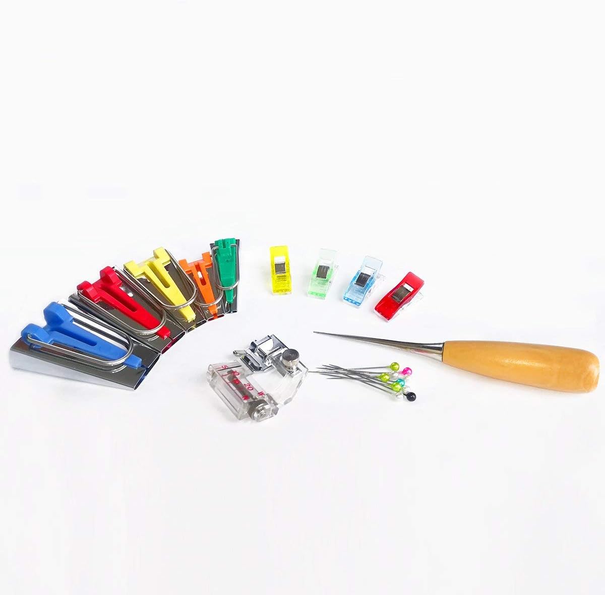 YICBOR Bias Tape Maker 6mm 9mm 12mm 18mm 25mm Fabric Bias Binding Maker with Binder Foot Bradawl Quilting Clips Sewing Pins Kit (Bias Tape Maker(Box))