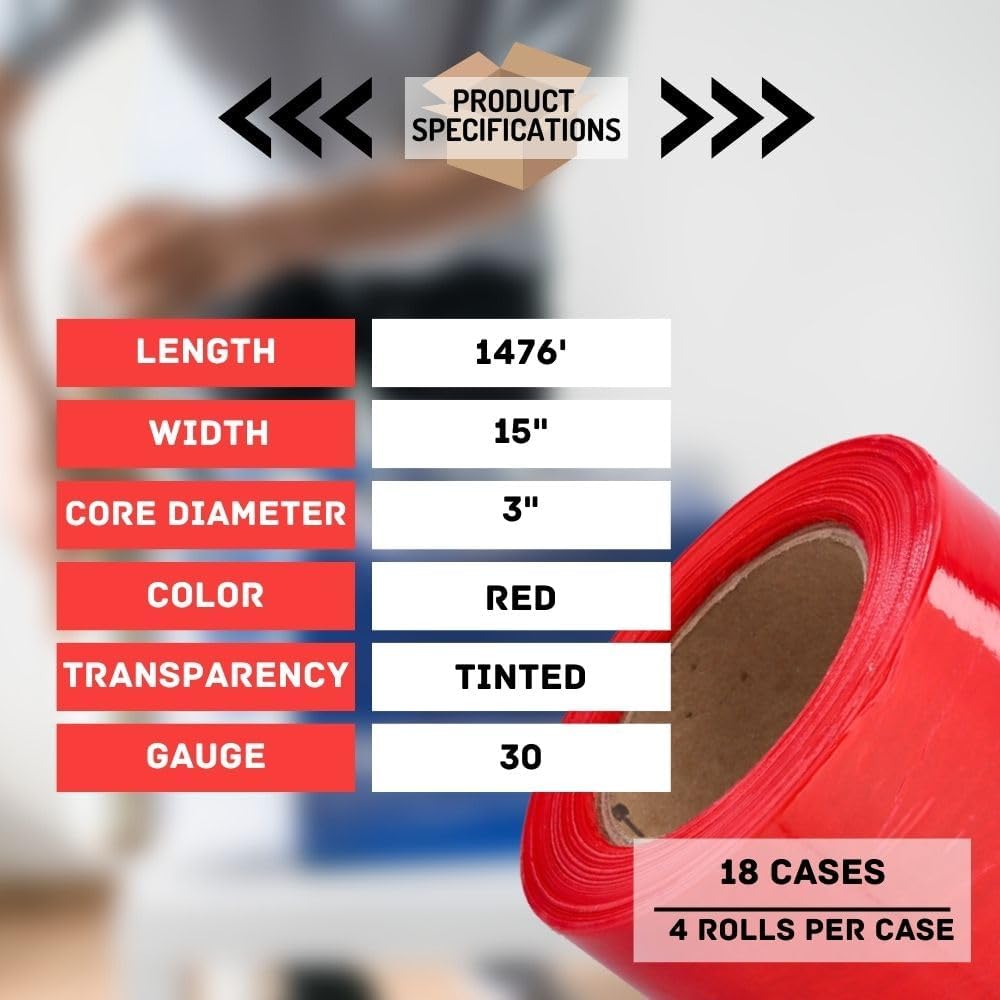 PSBM Red Stretch Wrap, 15 Inch x 1476 Feet, 72 Pack, Tinted Pre-Stretched Shrink Wrap Film for Moving, Packaging, Pallet Wrapping