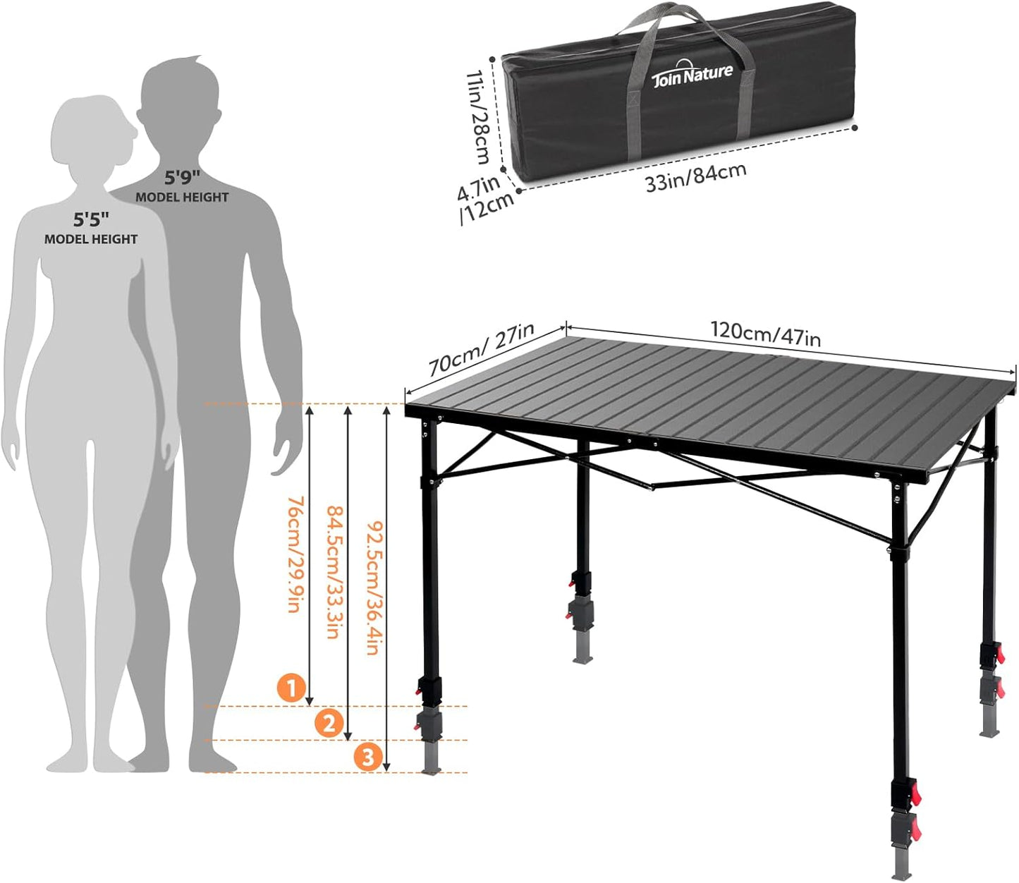 Portable Outdoor Adjustable Height Camping Table, Large for 2-6 Person, Foldable Roll-up Aluminum Camp Table with Carry Bag for Picnic, Camp, Sturdy, Stable, Loads 220 Lbs (Black)