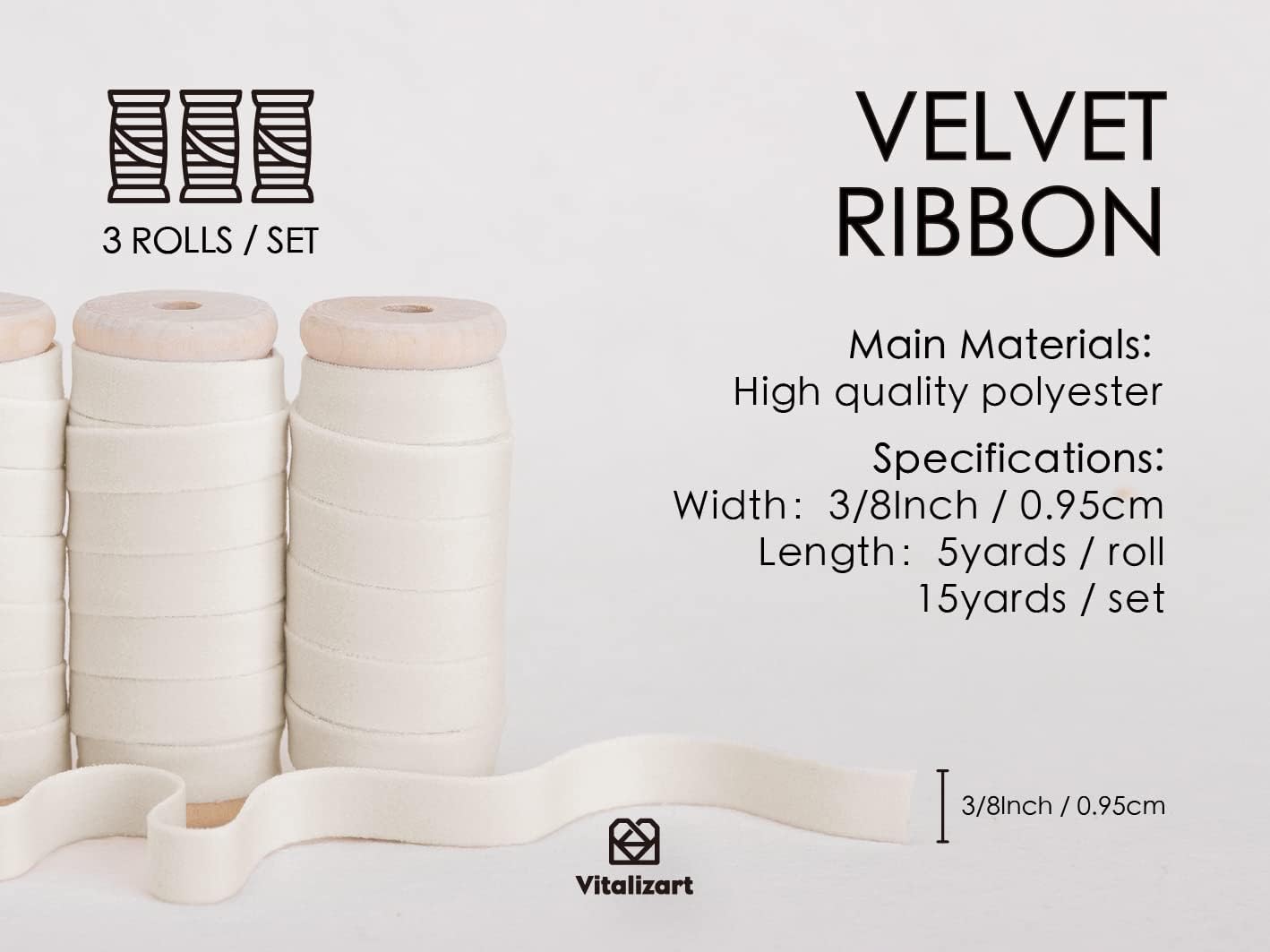 Vitalizart Ivory Velvet Ribbon Set 3/8" x 15 Yd Wooden Spool Fabric Trim 3 Rolls * 5 Yd for Christmas Wreath Decoration Handmade Craft Ornaments Gift Wrapping & Bow Making