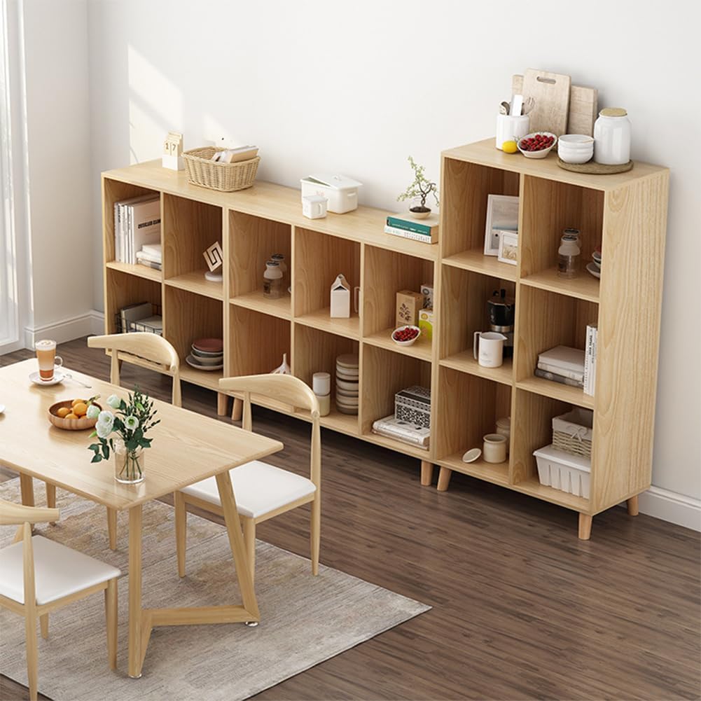 IOTXY Open Cube Low Bookcase - 3-Tier Freestanding Storage Display Cabinet Organizer with Legs for Home Office, 8-Cubes Open Shelf Short Bookshelf, Oak