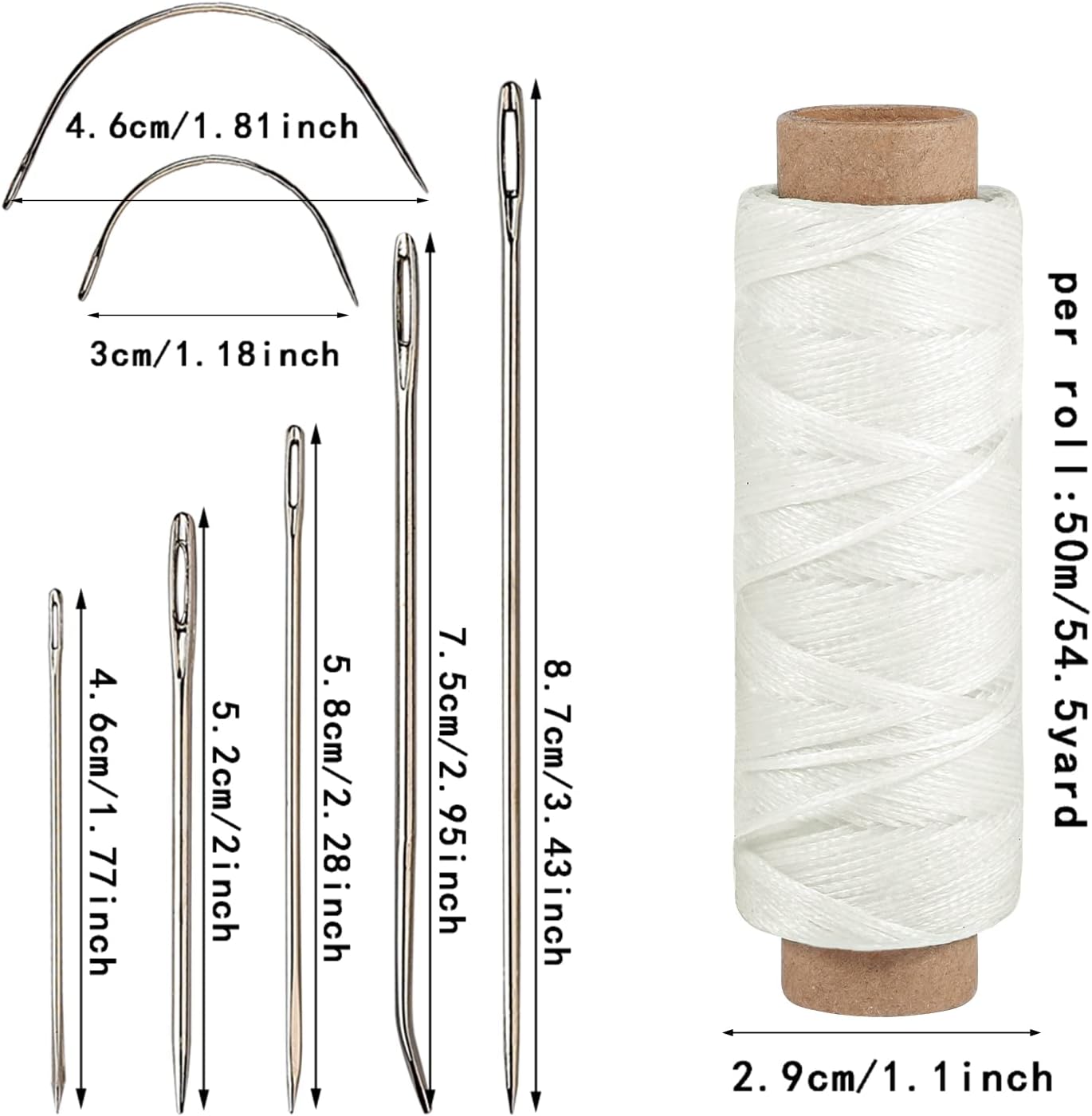 55Yards Waxed Thread with 7 Pcs Leather Hand Sewing Needles - 150D Flat Waxed Thread for Leather Repair, Upholstery, Canvas Bags, Sofa Furniture (White)