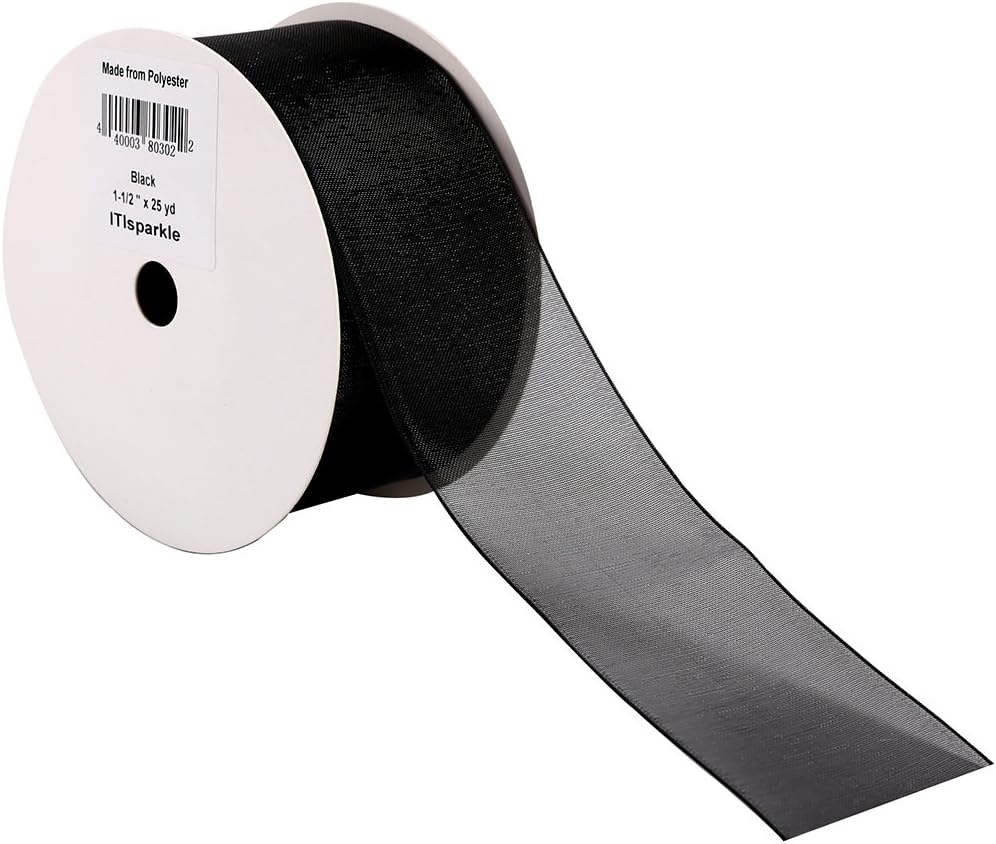 ITIsparkle 11/2" Inch Organza Ribbon 25 Yards-Roll Set for Gift Wrapping Cake Decoration Party Favor Hair Braids Hair Bow Baby Shower Decoration Floral Arrangement Craft Supplies Sheer Ribbon, Black