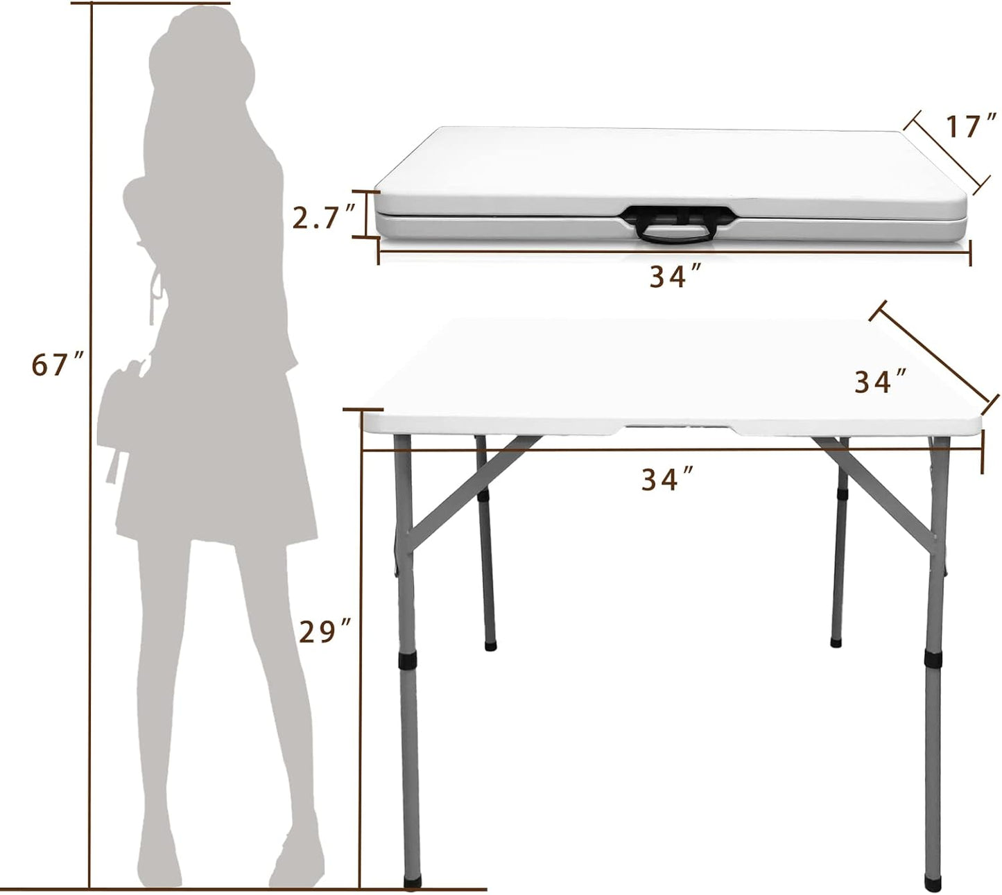 34" Fold in Half Square Folding Table, Plastic Square Card Table, Game for Puzzles Crafting Fold in Half Camping Table Utility use for Indoor Outdoor Picnic Party