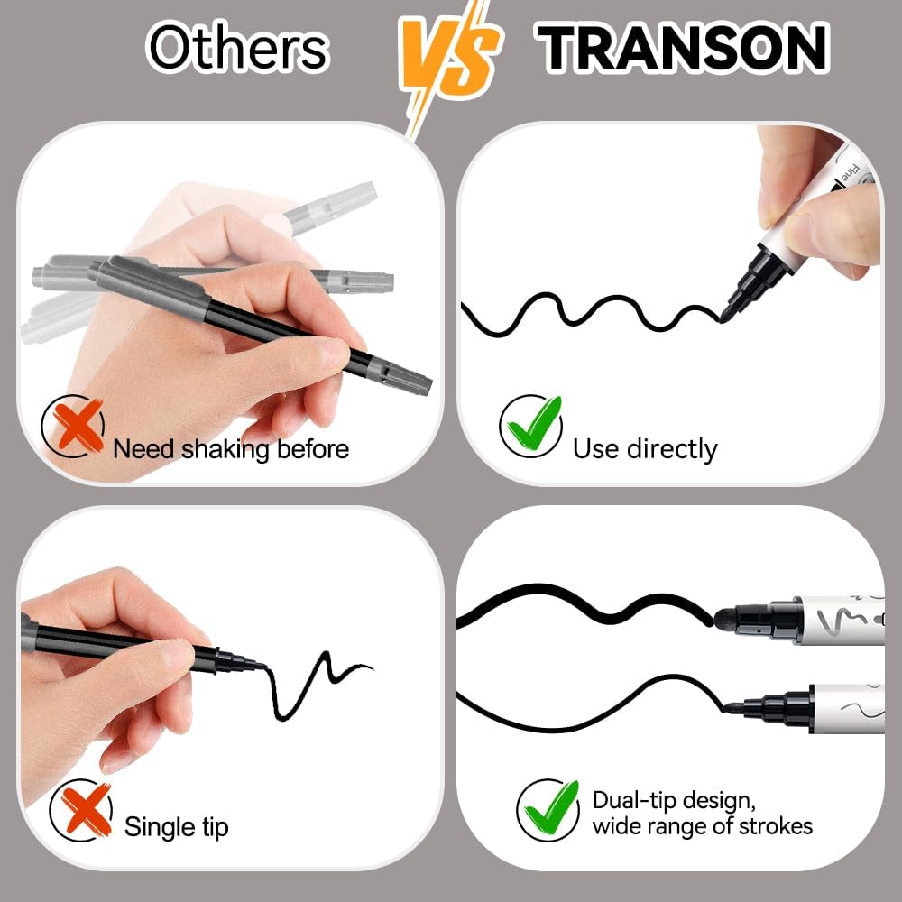 TRANSON 8 Pack Black Bold and Fine Dual-tip Acrylic Paint Marker for DIY Glass Canvas Wood Leather Ceramic Rock Painting