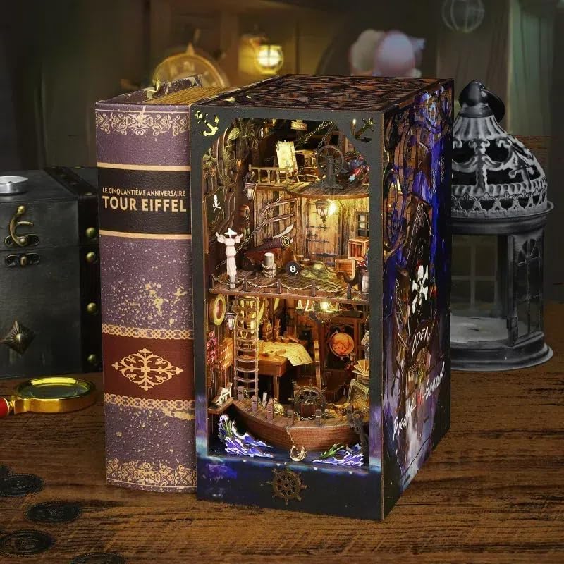 DIY Book Nook Kit Booknooks Bookshelf Insert Decor Miniature House Kits with Sensor Light 3D Puzzles Wooden Dollhouse Arts & Crafts for Adults/Teen Gifts (Aden)
