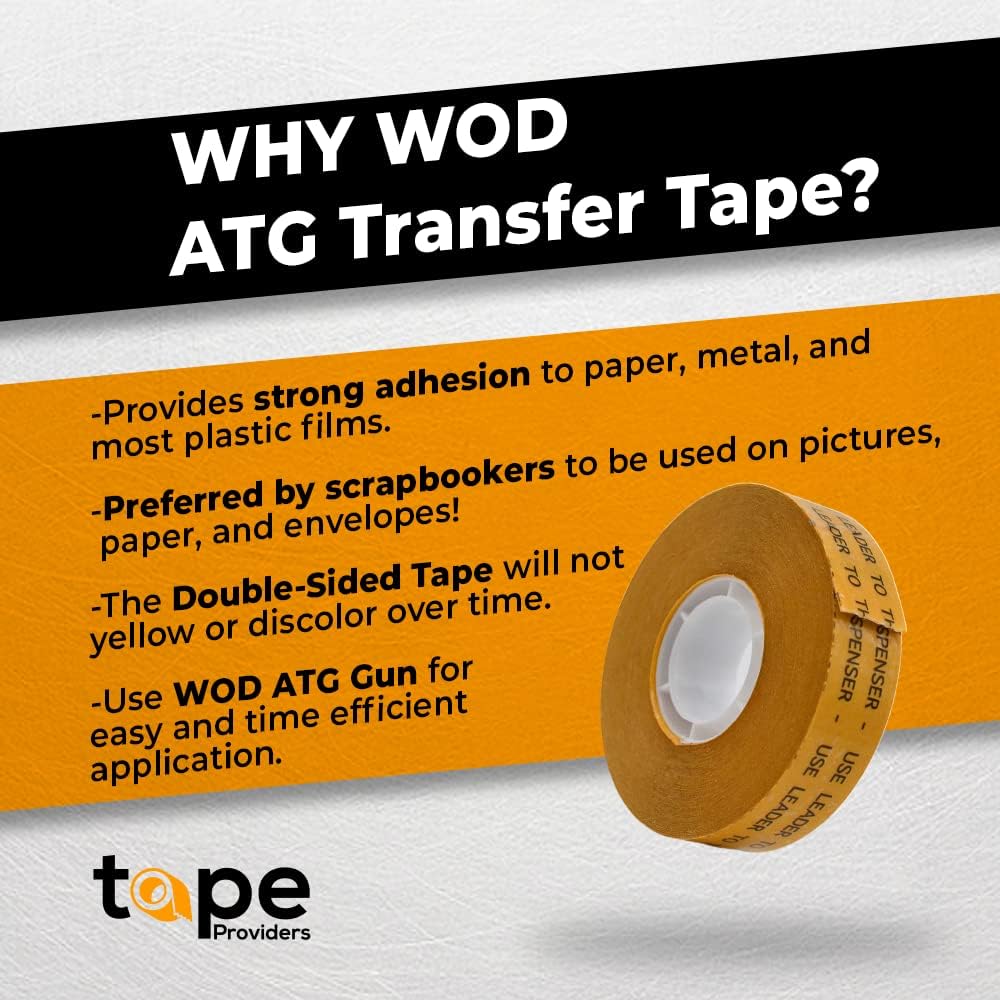 WOD General Purpose ATG Tape, 1/4 inch x 36 yds. (Set of 6 Rolls) Adhesive Transfer Tape Glider Refill Rolls Clear Adhesive on Gold Liner (Acid Free) RWATG20