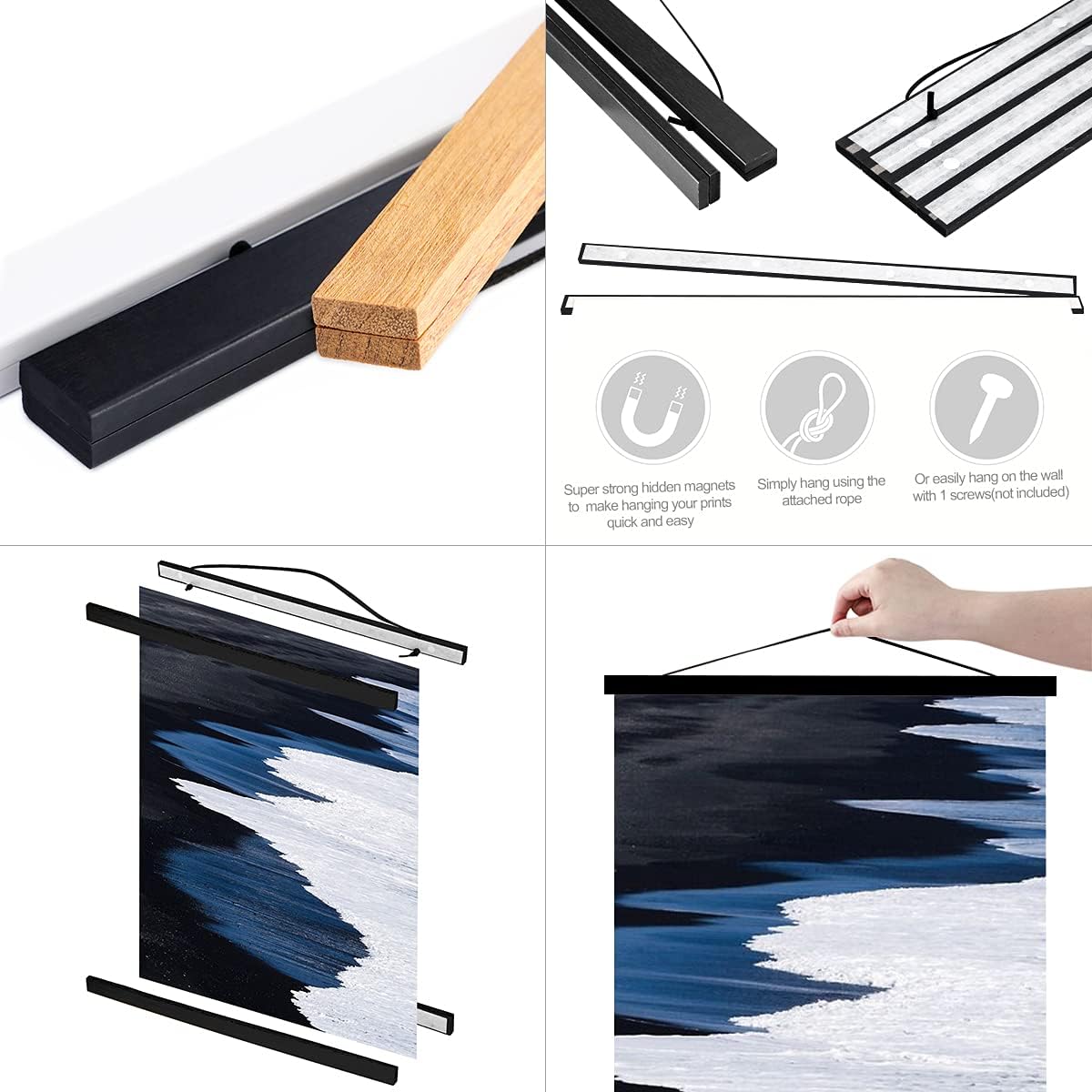 Ywlake Magnetic Poster Hanger, 20x28 20 x 30 20x24 Poster Frame Wood Wooden Magnet Print Posters Dowel Scroll Hanger Hangers Hanging Kit for Walls Map Canvas Artwork (Black, 20")