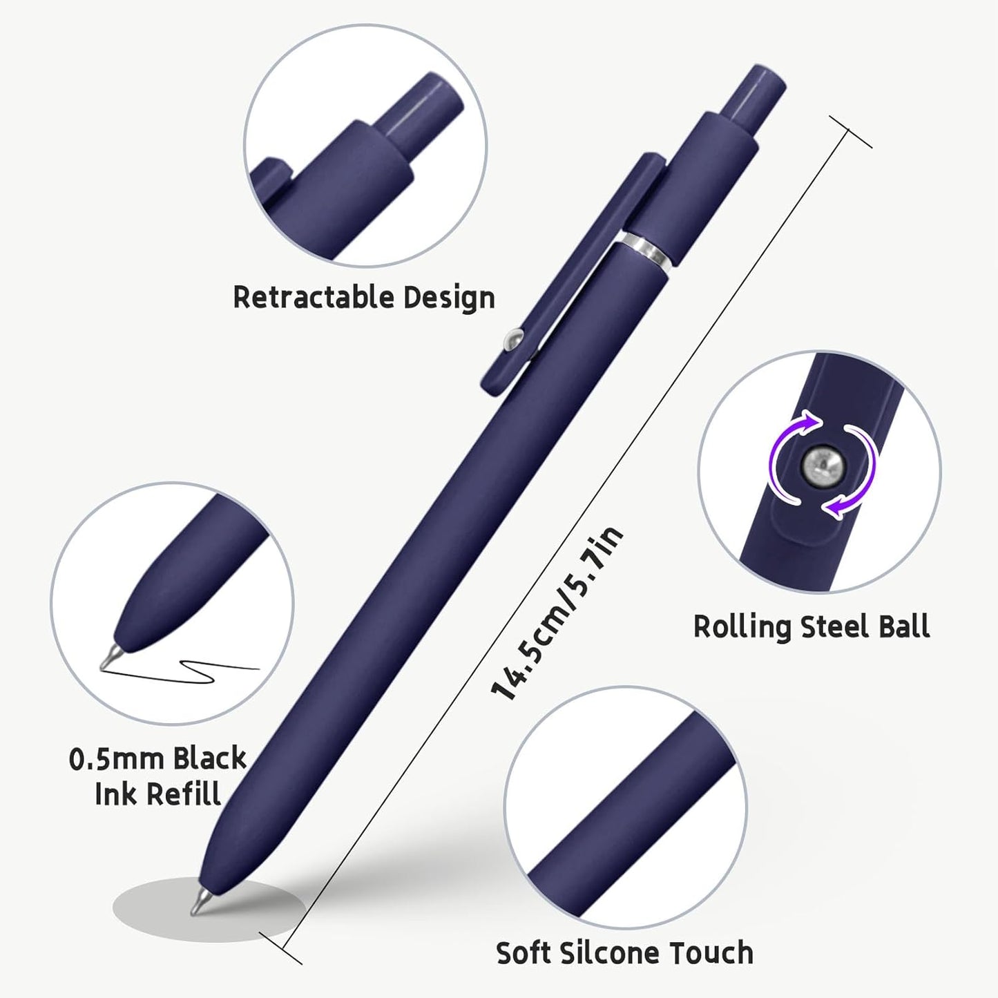 Gel Pens, 5 Pcs 0.5mm Black Ink Pens Fine Point Smooth Writing Pens with Silicone Grip, High-End Series Metal Clip Retractable Pens for Journaling Note Taking (Vintage)