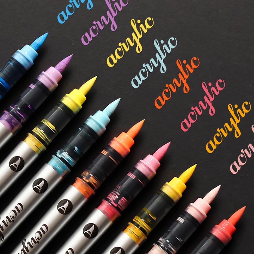 12 Colors Acrylic Paint Markers Set, Water Based Acrylic Paint Pens With Visual Ink Window,Soft Brush Tip Acrylic Markers for canvas, Egg, rock painting,Wood, Stone, Glass, Fabric and DIY Crafts Art