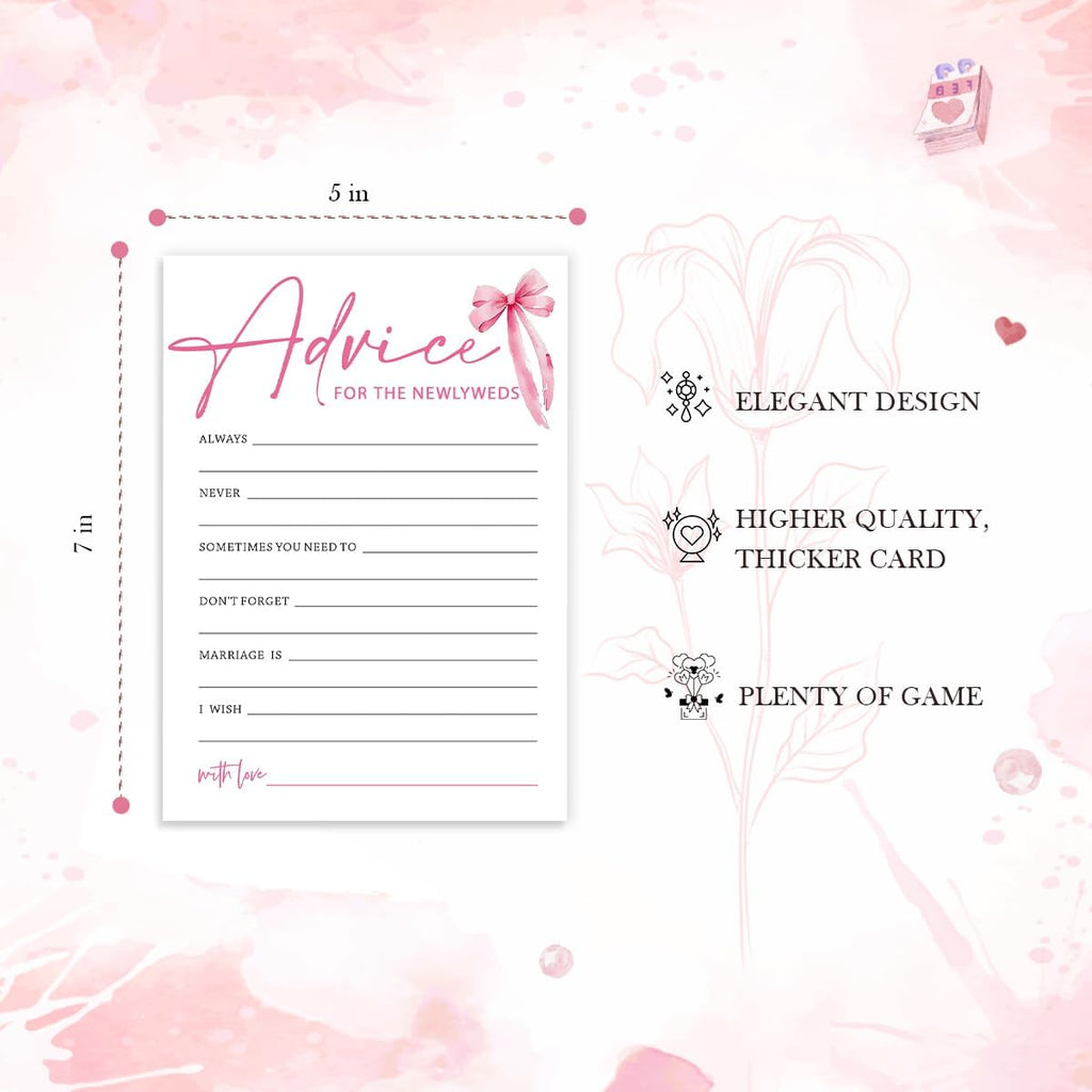 Wedding Shower Games Cards, Advice for The Newlyweds, Bridal Shower Games 25 Guests, Engagement Party Wedding Games for Guests, Pink Ribbon Bow Wedding Party Supplies - E01