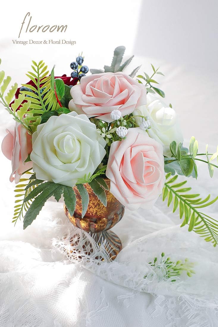 Floroom Artificial Flowers 25pcs Real Looking Blush Foam Fake Roses with Stems for DIY Wedding Bouquets Bridal Shower Centerpieces Party Decorations