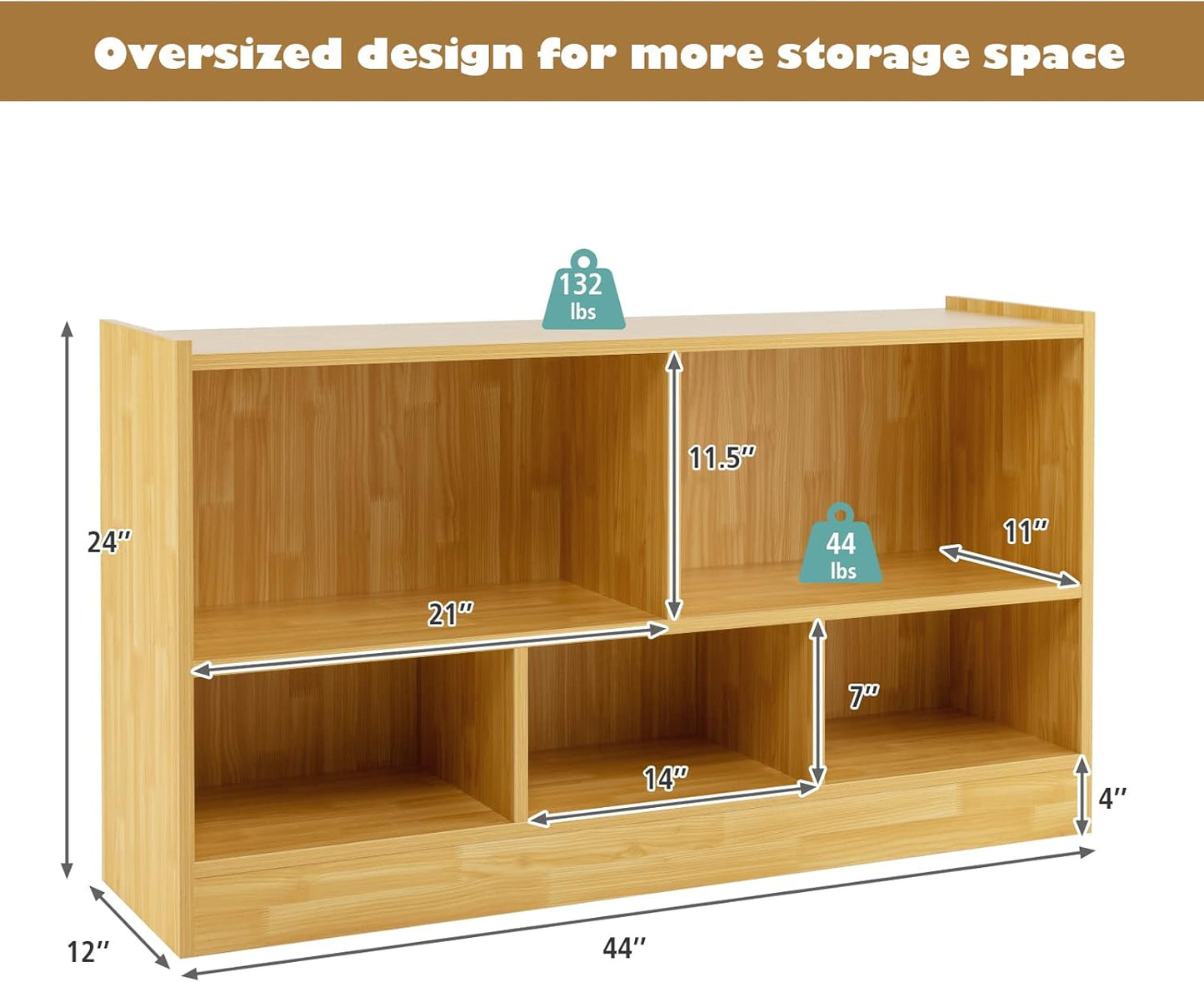 KOTEK Toy Storage Organizer, 5 Cubby Kids Bookshelf, Wooden 3-Tier Bookcase Storage Cabinet, Open Display Book Shelf for Daycare, Nursery, School Classroom, Playroom & Living Room (Burlywood, 5 Cubes)