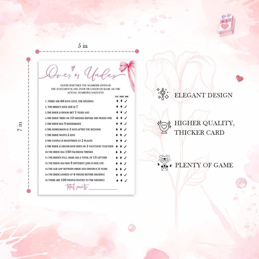 Bridal Shower Games Cards, Guess Over or Under, Bridal Shower Games 25 Guests, Engagement Party Wedding Games for Guests, Pink Ribbon Bow Wedding Party Supplies - E13