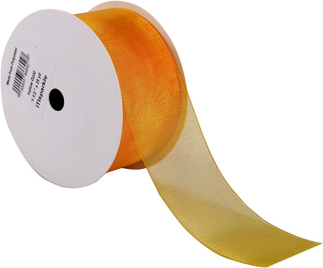 ITIsparkle 11/2" Inch Organza Ribbon 25 Yards-Roll Set for Gift Wrapping Cake Decoration Party Favor Hair Bow Baby Shower Decoration Floral Arrangement Craft Supplies Sheer Ribbon, Yellow Gold