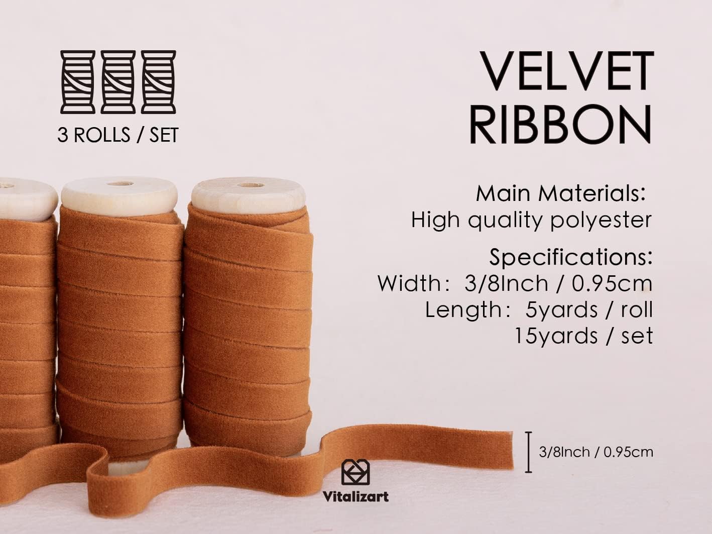 Vitalizart Terracotta Velvet Ribbon Set 3/8" x 15 Yd Fall Ribbon Fabric Trim 3 Rolls * 5 Yd for Christmas Wreath Decoration Handmade Craft Ornaments Gift Wrapping & Bow Making