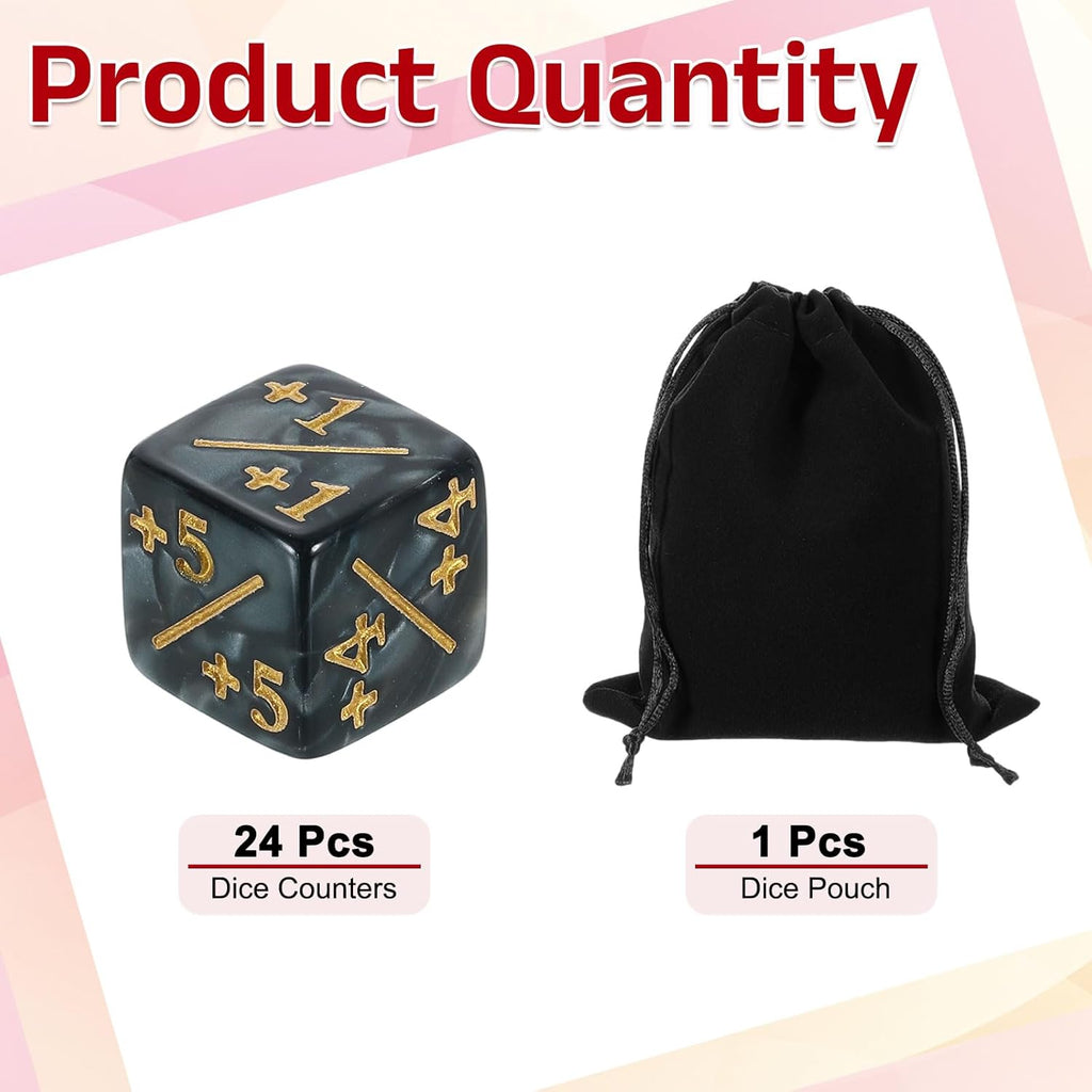 uxcell 24Pcs Magic Dice Counters, Acrylic D6 Life Token Dice Set with Pouch for Standard Cards Gaming Accessories, Black Marble