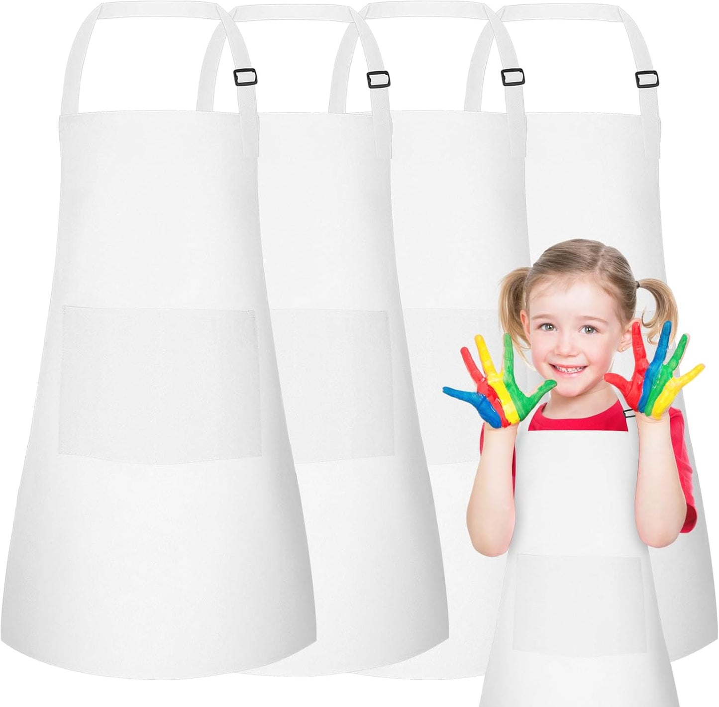 PLULON 20 Pcs Kids Apron Bulk Adjustable White Chef Apron with 2 Pockets Painting Aprons for Kids Cooking Baking Crafts (White)