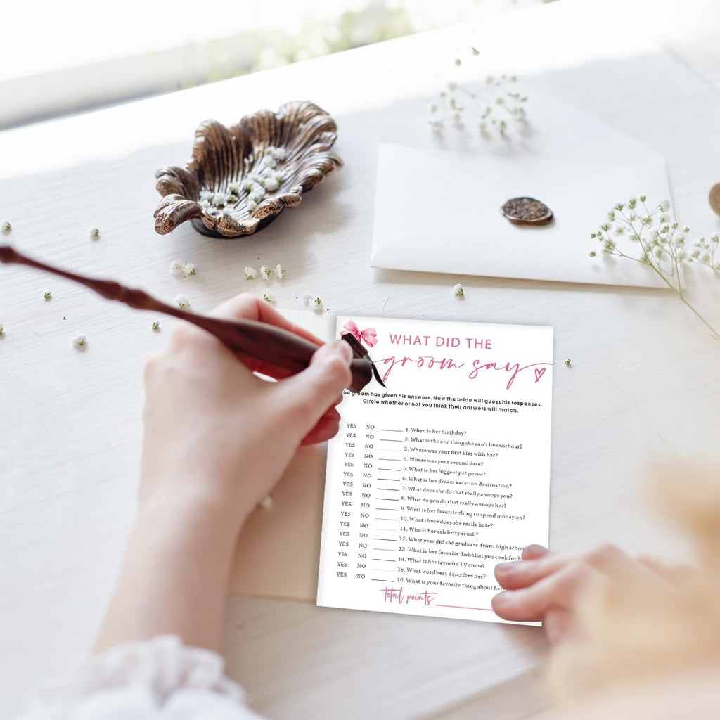 Wedding Shower Games Cards, What Did The Groom Say, Bridal Shower Games 25 Guests, Engagement Party Wedding Games for Guests, Pink Ribbon Bow Wedding Party Supplies - E12
