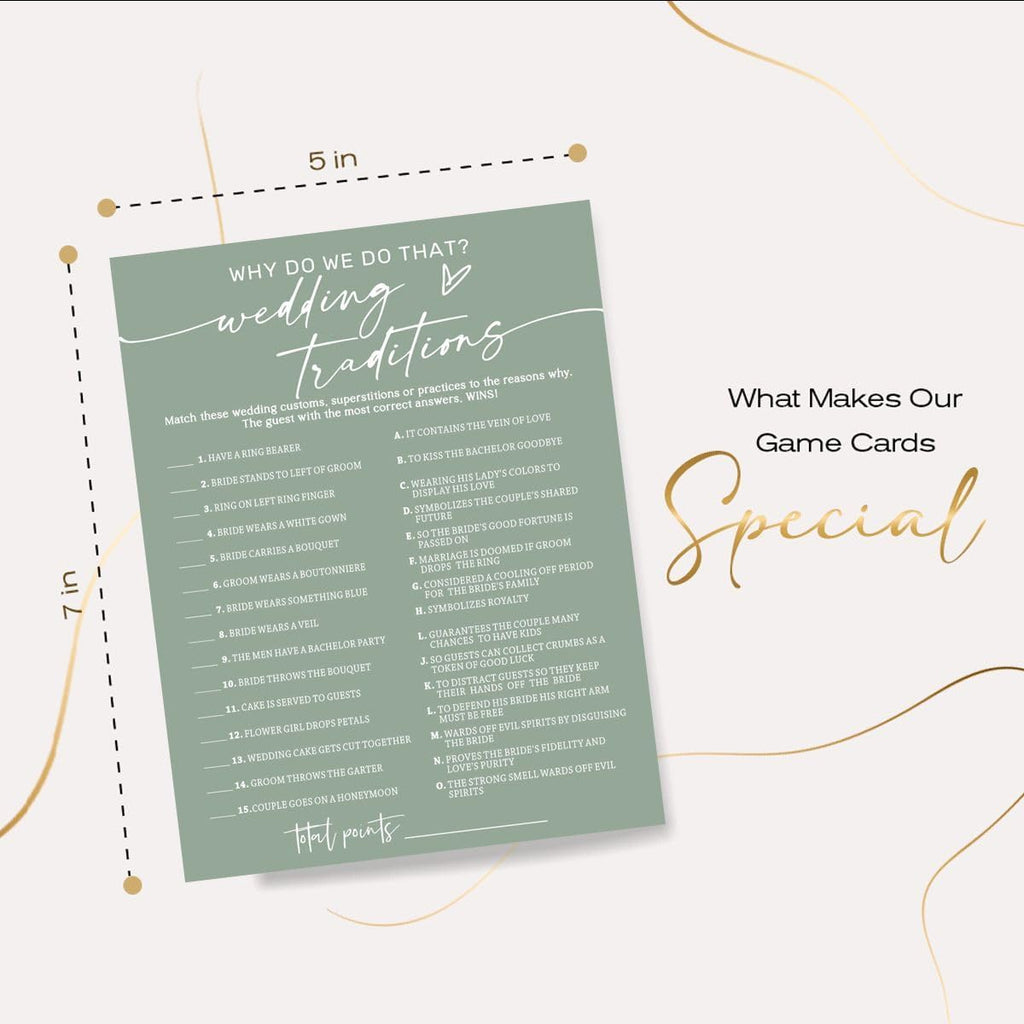 Bridal Shower Games Cards, Wedding Traditions Why Do We Do That, 25 Game Cards with 1 Answer Card, Engagement Party Wedding Games for Guests, Minimalist Green Wedding Party Supplies - C08