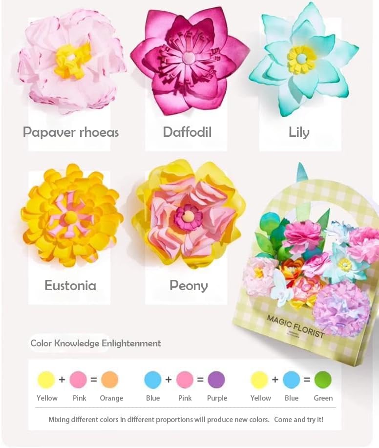 Science Craft Kit: Color Mixing & Dyeing Paper Flower Bouquet for Adults, Teens & Kids 8-12. Handmade Craft for Women's Group Activities & Stem Family Fun, Gift for Birthday Christmas, (Green Florist)