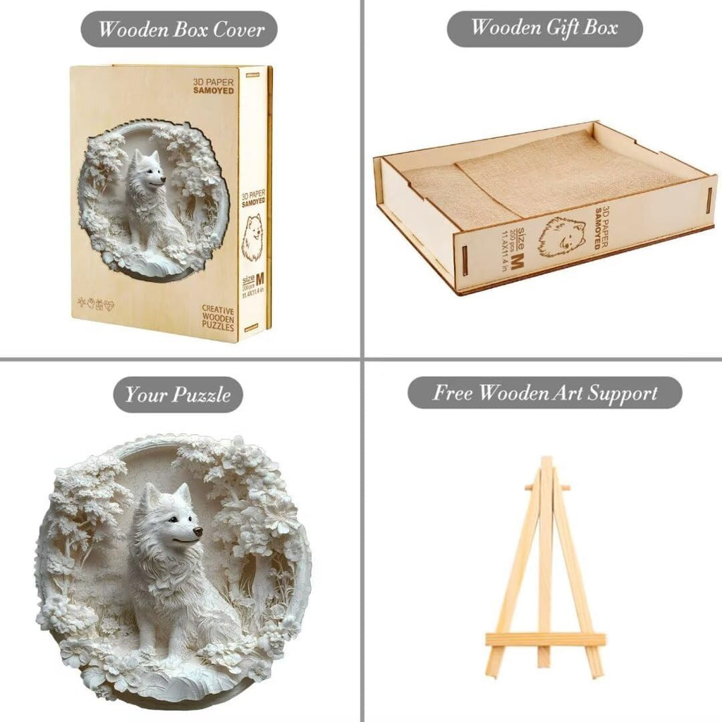 Wooden Puzzles Adults, 3D Paper Samoyed Dog Wooden Puzzles 100 Pieces, Unique Animal Shaped Wood Challenging Jigsaw Puzzles Gifts for Adults, 8.5x8.3in