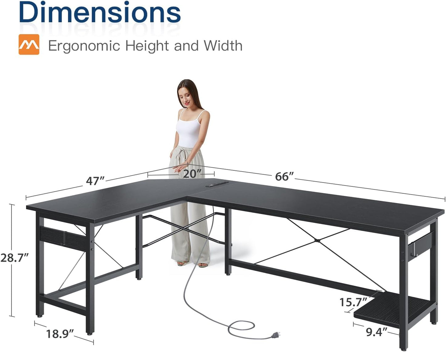 Coleshome 66" L Shaped Gaming Desk with Outlet, L Shaped Desk with CPU Stand, Corner Computer Desk, Home Office Desk, Writing Desk, Black
