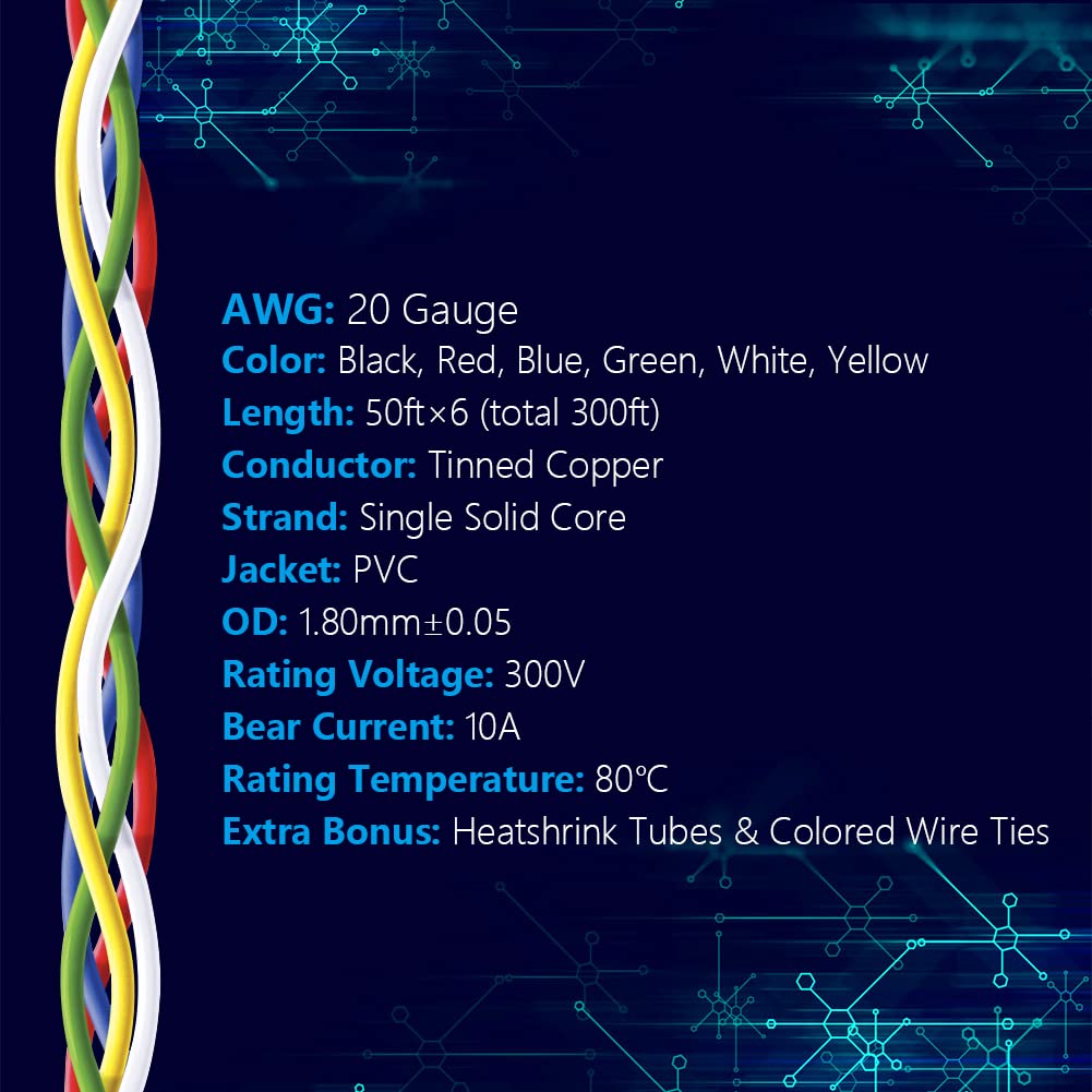 Fermerry 20 AWG Solid Core Wire Spool 50ft Each 6 Colors Flexible 20 Gauge Hook up Wire Kit Electrical Tinned Copper Wire PVC
