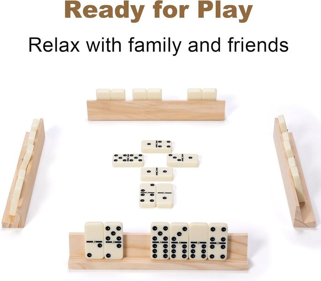 Dominoes Set for Adults, 28 Tiles with 4 Wooden Racks/Trays, Portable Double 6 Domino Game Set, Classic Board Game for Family Fun