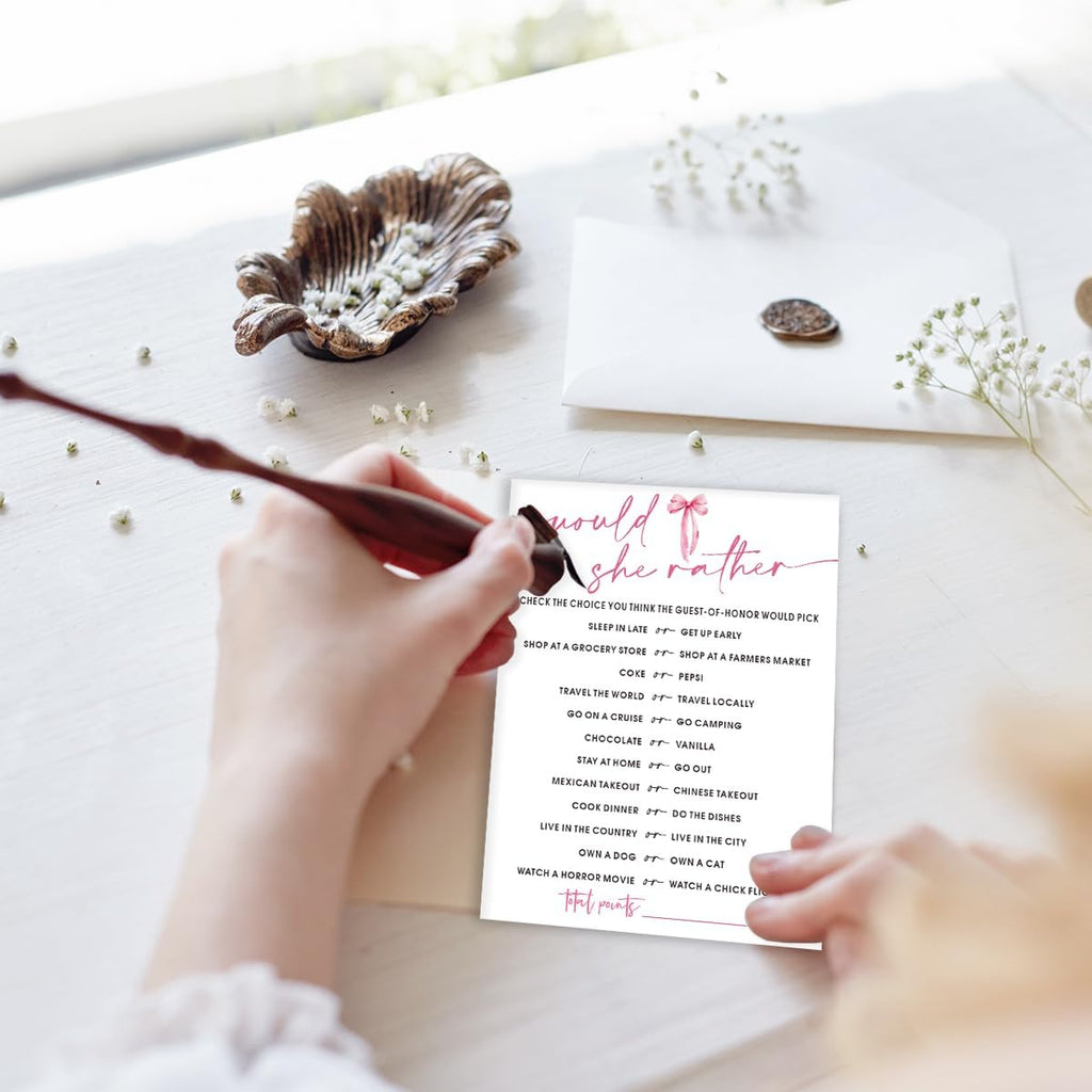 Wedding Shower Games Cards, Would She Rather Bridal Shower Game for 25 Guests, Engagement Party Wedding Games for Guests, Pink Ribbon Bow Wedding Party Supplies - E11