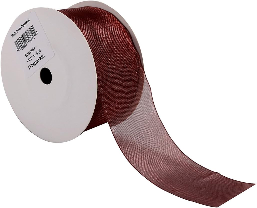 ITIsparkle 11/2" Inch Organza Ribbon 25 Yards-Roll Set for Gift Wrapping Cake Decoration Party Favor Hair Bow Baby Shower Decoration Floral Arrangement Craft Supplies Sheer Ribbon, Burgundy
