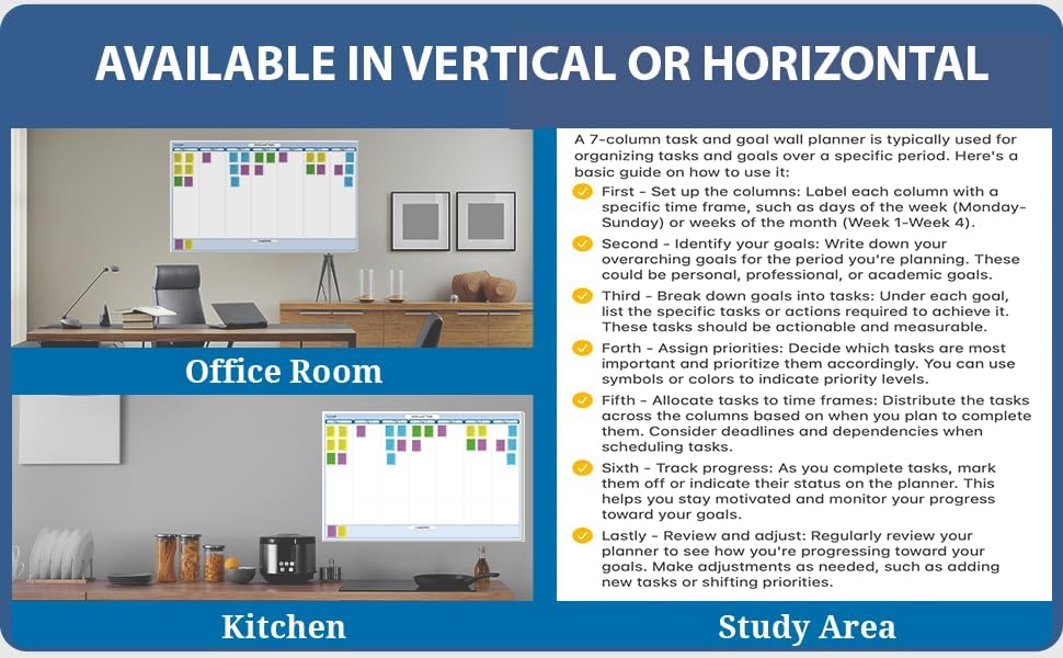 Sky Blue 7-Column Task, Goals & Objective Wall Horizontal Organizer 24" x 36". Complete with Marker