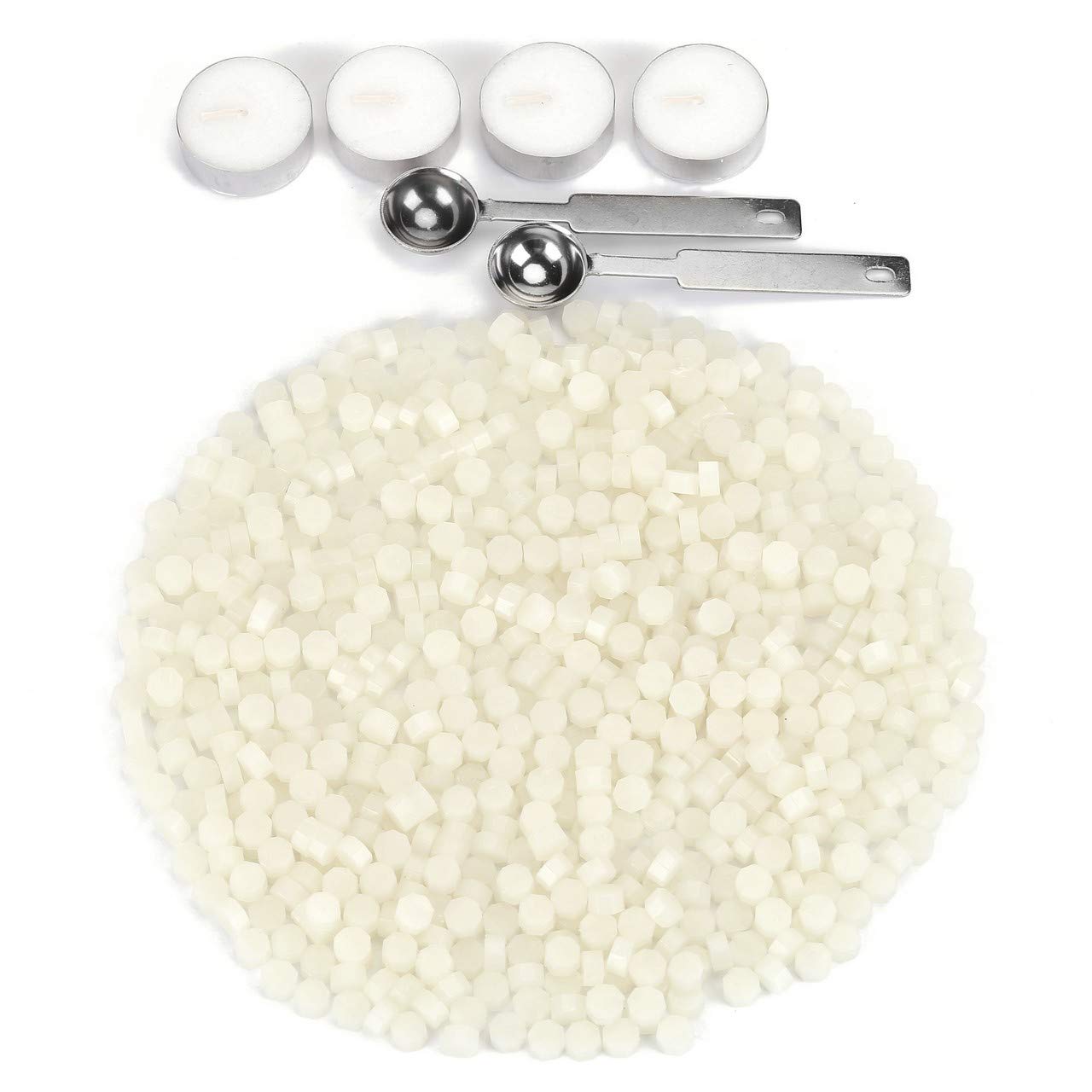 Yoption 360Pcs Cream White Sealing Wax Beads with 2 Spoons and 4 Tea Candles for Wax Seal Stamps, Cards, Wedding Invitations, Wine Packaging, Gift Wrap, Envelopes