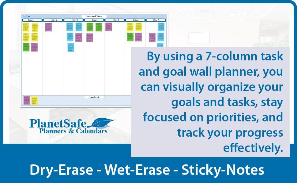 Sky Blue 7-Column Task, Goals & Objective Wall Horizontal Organizer 36" x 56". Complete with Marker