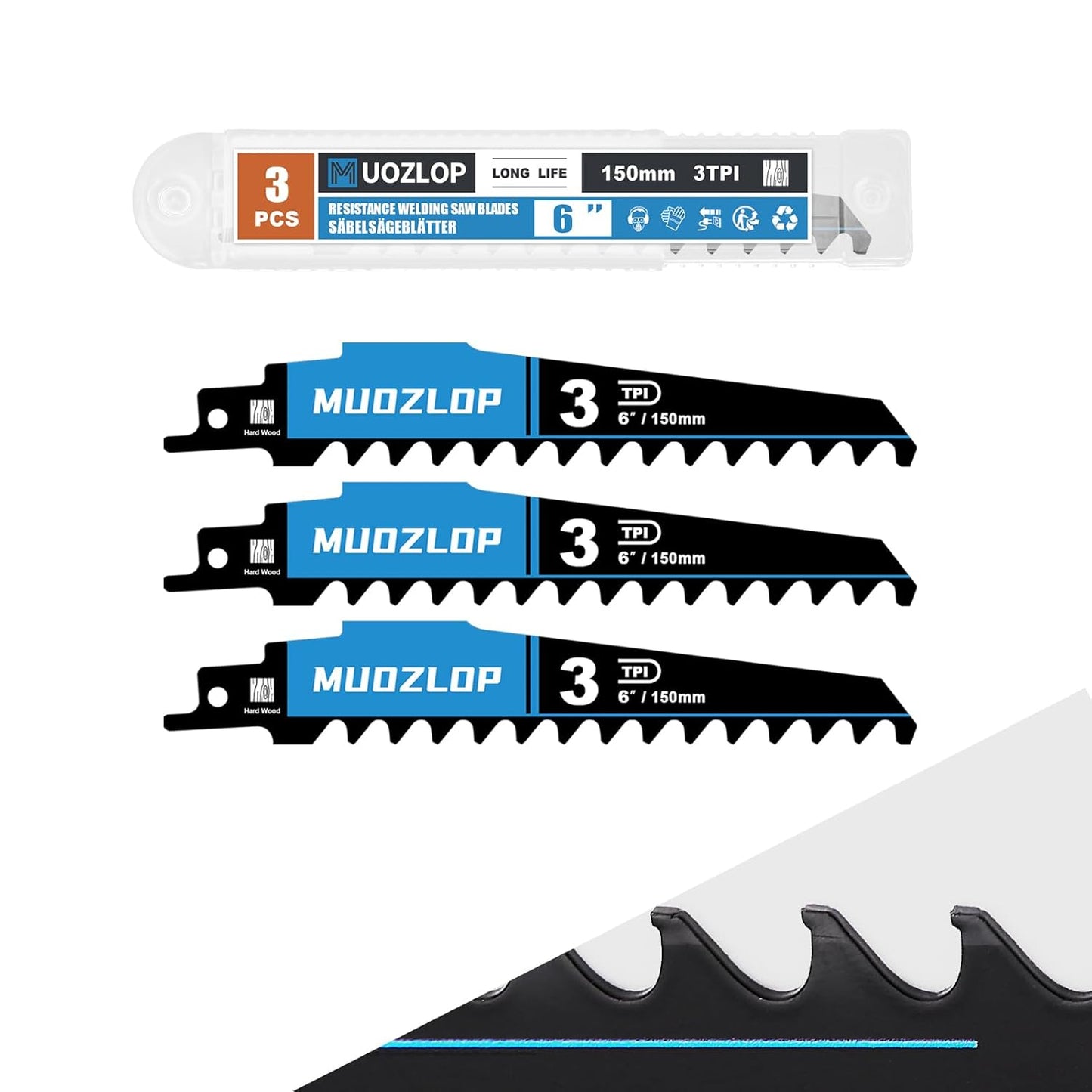 3 Pack 6 inch Reciprocating Saw Blades Set， 3 TPI High Carbon Saw Blades for Wood Cutting ，Saw Blades with Organizer Case (3, 3T/6inch)