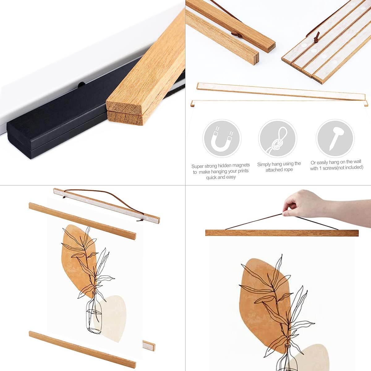 Ywlake Magnetic Poster Hanger, 19x27 19x13 19x25 Poster Frame Wood Wooden Magnet Print Posters Dowel Scroll Hanger Hangers Hanging Kit for Walls Map Canvas Artwork (Teak Wood, 19")