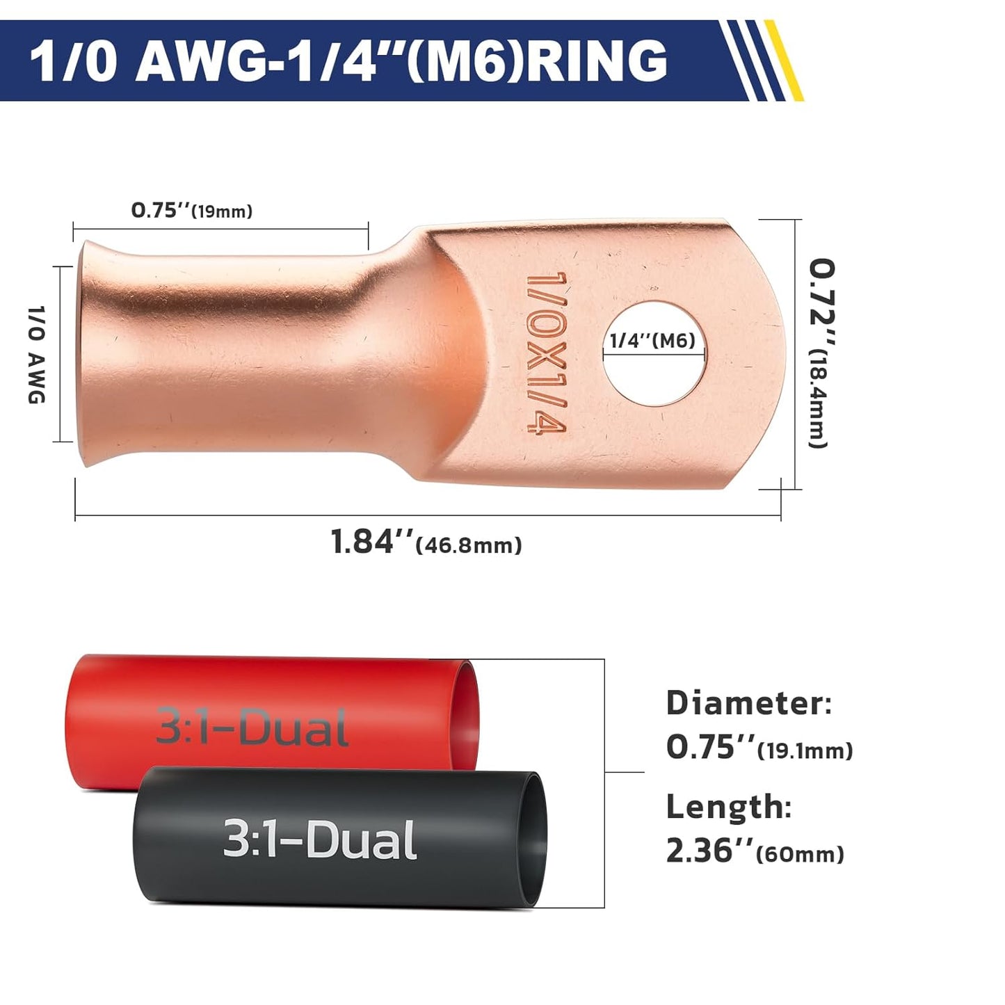haisstronica 10pcs 1/0 AWG - 1/4"(M6) Battery Cable Lugs, Heavy Duty Copper Wire Lugs with 10pcs 3:1 Adhesive Heat Shrink Tubing, 0 Gauge Wire Connectors Battery Terminal Connector, Battery Cable Ends