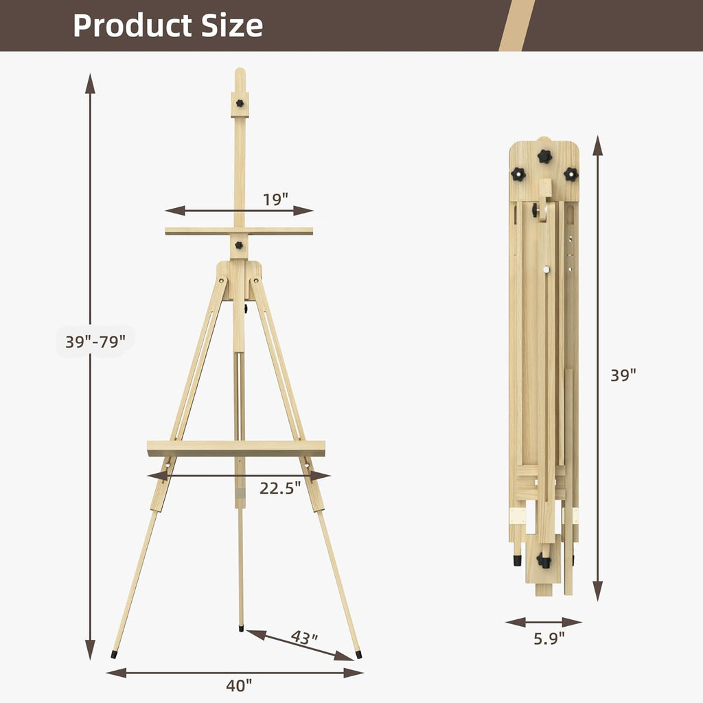 Tripod Easel for Painting, Art Wooden Easel Stand for Adults or Students, Hold 1 or 2 Canvas up to 60’’, Display Portable Easel for Drawing, Landscape Artist, Wedding Sign, Pine