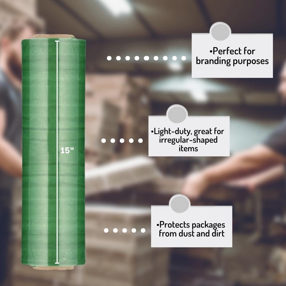 PSBM Green Stretch Wrap, 15 Inch x 1476 Feet, 8 Pack, Tinted Pre-Stretched Shrink Wrap Film for Moving, Packaging, Pallet Wrapping