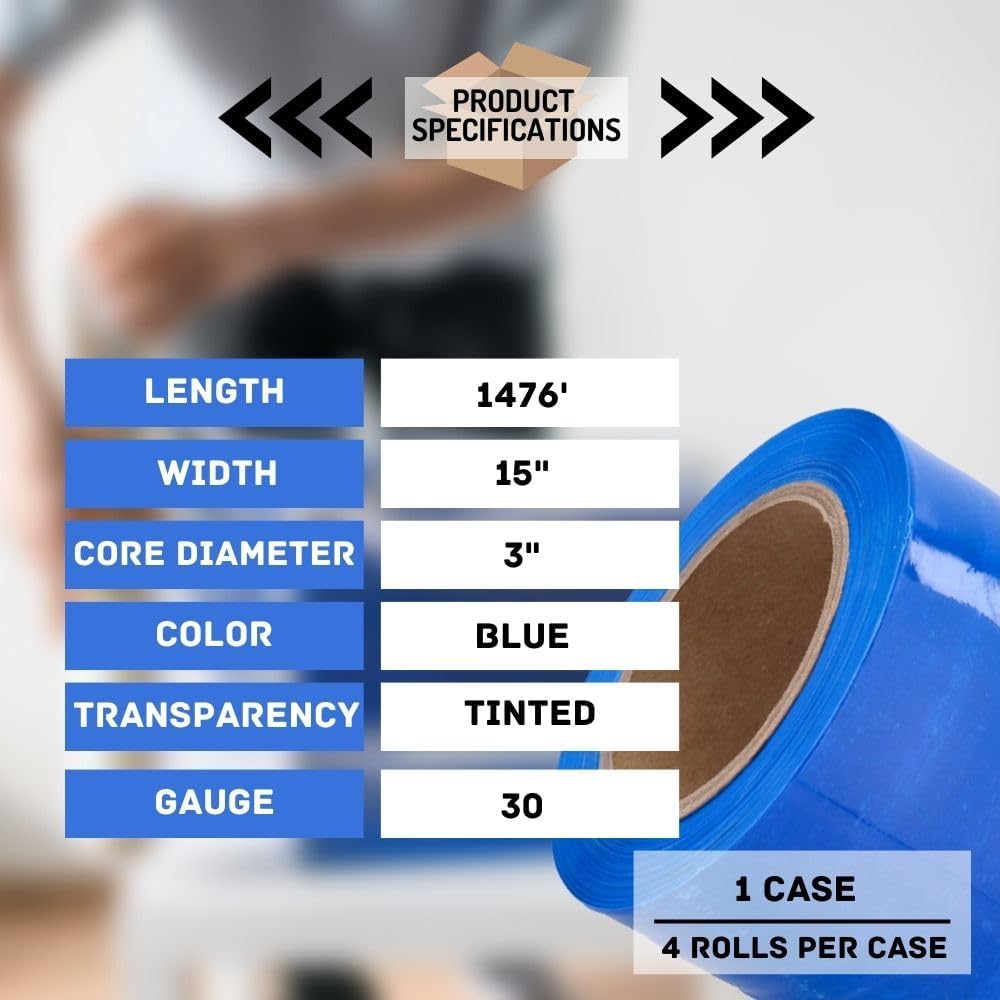 PSBM Blue Stretch Wrap, 15 Inch x 1476 Feet, 4 Pack, Tinted Pre-Stretched Shrink Wrap Film for Moving, Packaging, Pallet Wrapping
