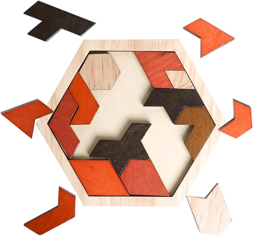 Skrtuan Wooden Puzzle Hexagon Tangram Puzzle for Kids Adults Brain Teasers Puzzles Game Challenge Toy Shape Pattern Block Tangram Family Portable Montessori Educational Gift for Kids Boys Girls
