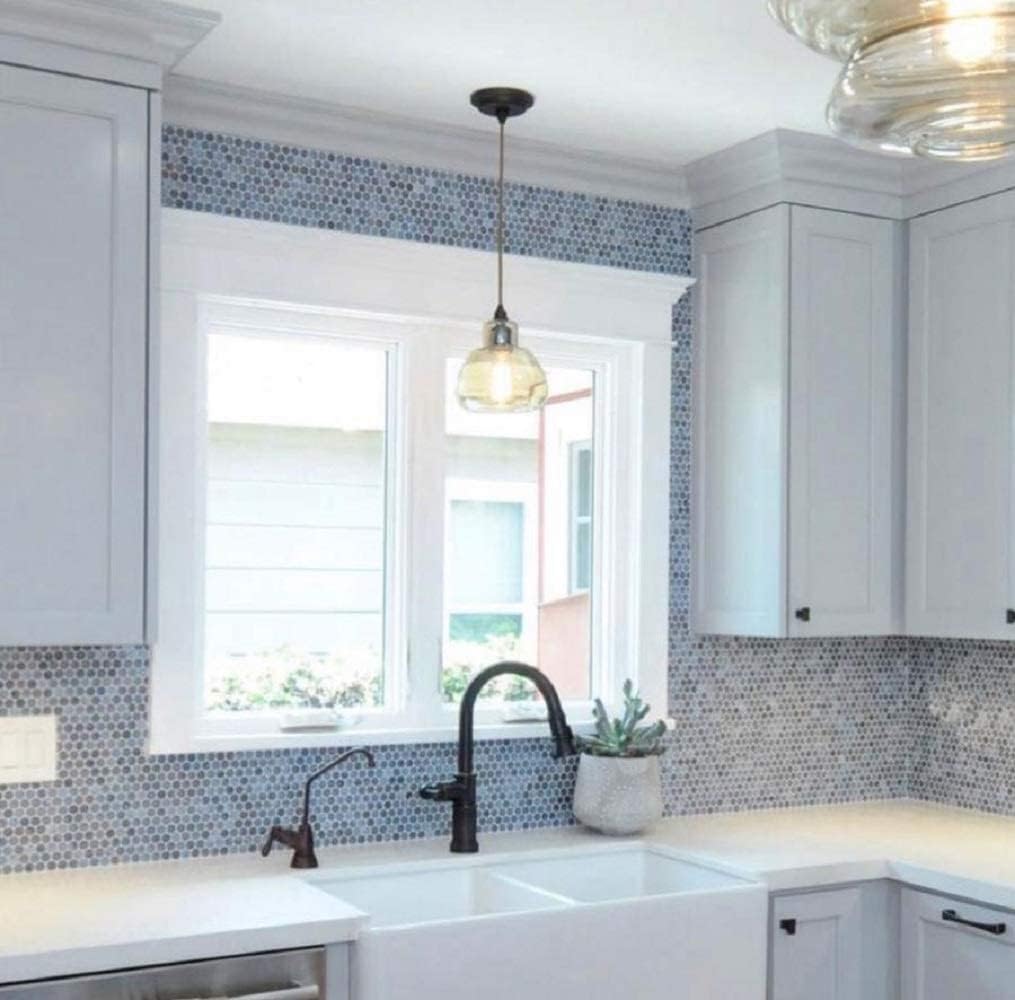 Denim Blue Penny Round Mosaic Glass Tile – Sample Swatch- 4"x5" - Luxurious Design for Bathroom Walls, Kitchen Backsplash, Shower Walls - Elegant Wall Decor - NOT Peel and Stick Tile