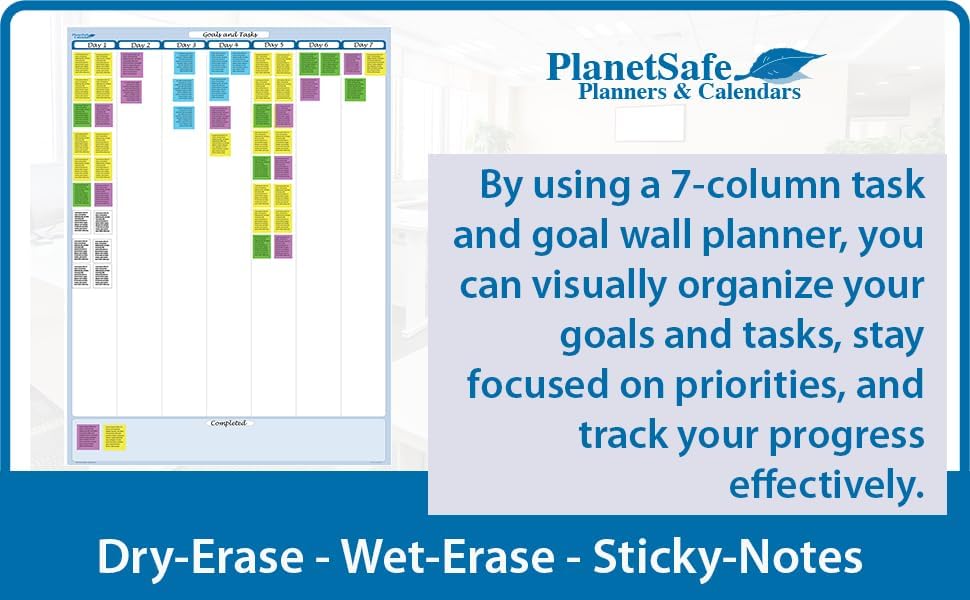 Sky Blue 7-Column Task, Goals & Objective Wall Vertical Organizer 24" x 19". Complete with Marker