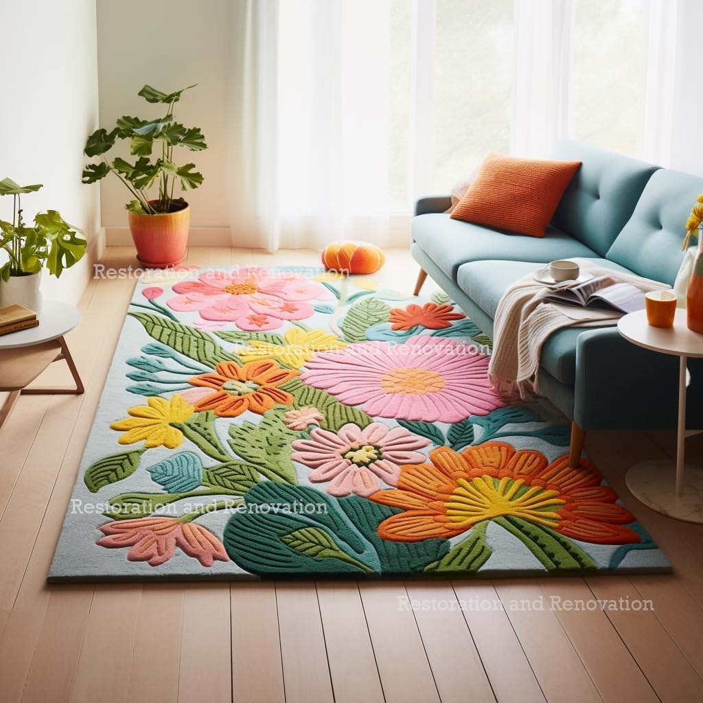 Handmade Wool Floral Area Rug for Living Room | Elegant Flower Garden Design, Soft, Thick and Durable | Bedroom, Dining Room & Home Decor Carpet (8' x 11', Floral F)
